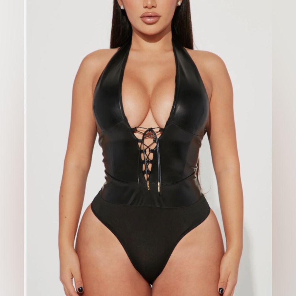 Faux leather lace up bodysuit NWT SZ MEDIUM